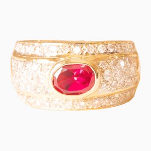 Vintage 18k Yellow Gold Band Ring with Ruby and Brilliant Cut Diamonds