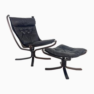 Chaise Falcon à Haut Dossier Marron avec Ottomane par Sigurd Resell, Set de 2