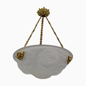 French Art Deco White Frosted Glass and Bronze Pendant Light with Floral Motifs, 1930s
