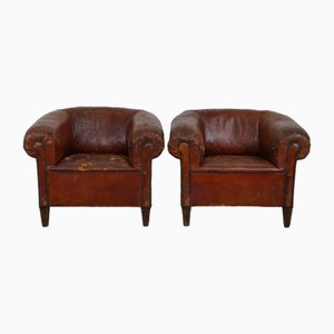Antique Leather Club Chairs, Set of 2