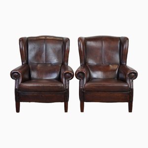 Brown Leather Wing Chairs, Set of 2