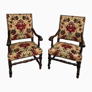 Louis XIII Style Armchairs in Walnut and Velvet, Late 19th Century, Set of 2