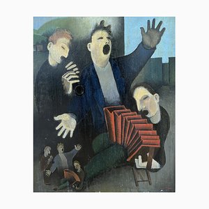 Xavier Albert Fiala, Petit orchéstre de rue avec accordéon et clarinette, 1938, Huile sur Bois