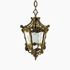 Lantern Pendant in Bronze with Etched Glass Panels, France, 1930s