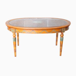 Table Basse Vintage Ovale en Bois Peint, Verre Perpétuel et Osier Tissé, 1960s