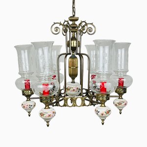 Vintage Porcelain and Brass Chandelier, Italy, 1930s