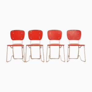 Alu Flex Chair Set in Aluminum Frame, Red Plywood Seat and Back by Armin Wirth for Aluflex, 1951, Set of 4