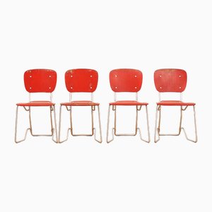 Chaises Alu Flex avec Structure en Aluminium, Assise et Dossier en Contreplaqué Rouge par Armin Wirth pour Aluflex, 1951, Set de 4