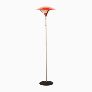 Floor Lamp in Black Metal Base, Gray Painted Tubular Steel Frame, Red Painted Metal Shade, Frosted Glass Diffuser