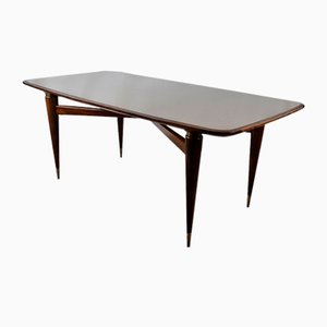 Rectangular Walnut Dining Table with Glass Top and Brass Decorations, 1940s