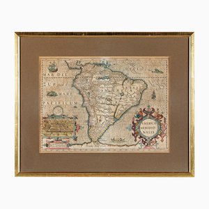 America Meridionalis, Early Map of South America par Gerard Mercator et Jodocus Hondius, 1610, Gravure sur cuivre originale colorée à la main
