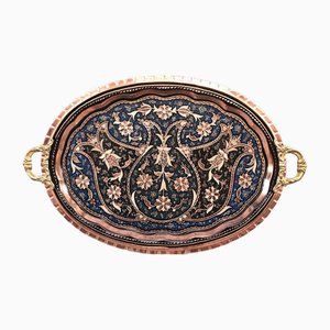 Hand Carved Floral Oval Copper Service Tray with Handles