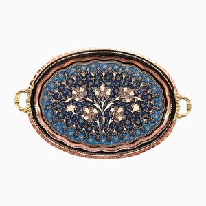 Hand Carved Floral Blue Clove Design Copper Tray with Handles