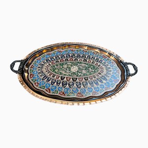 Hand Carved Colorful Copper Serving Tray with Handles