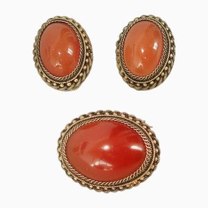 Vintage Carnelian Chinese Export Vermeil Silver Earrings and Brooch, 1970s, Set of 3