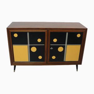 Mid-Century Modern 2 Türen Nussholz Schwarz Gelbes Sideboard, 1960er