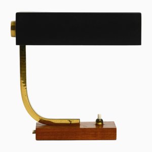 Small Mid-Century Modern Metal and Brass Table Lamp with Teak Base, 1950s