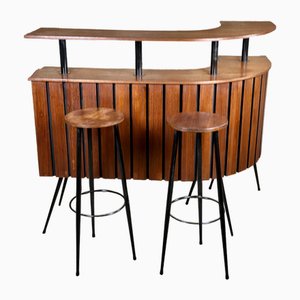 Cocktail Bar in Teak and Metal with Stools, 1950s, Set of 3