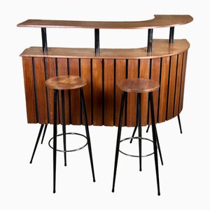 Cocktailbar aus Teak & Metall mit Hockern, 1950er, 3er Set