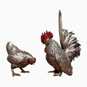 Japanese Okimono Rooster and Hen, 1920s, Set of 2