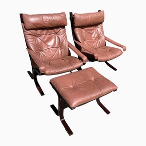 Vintage Armchairs in Leather and Teak with Footstool by Inghar Relling for Westnofa Norway, 1960s, Set of 3