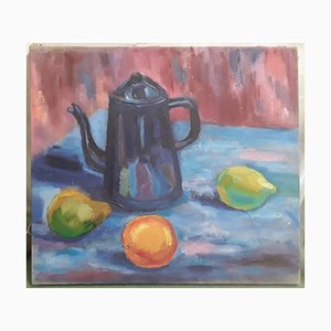 Bodegón con jarra y frutas, años 80, óleo sobre lienzo