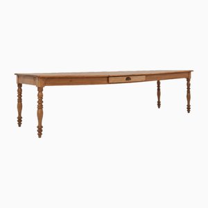 Large Pine Wood Farm Table with Drawer and Turned Legs, France, 1850s