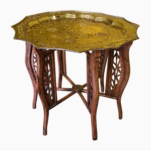 Vietnamese Brass and Wood Folding Side Table, 1950s
