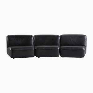 Vintage Black Leather Modular Sofa, Denmark, 1970s, Set of 3