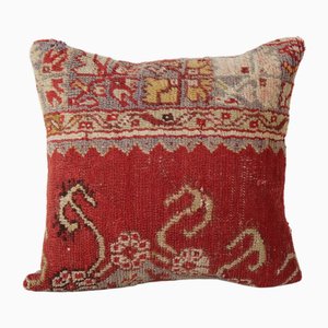 Square Turkish Oushak Rug Cushion Cover in Red Boho Chic Decor Accent