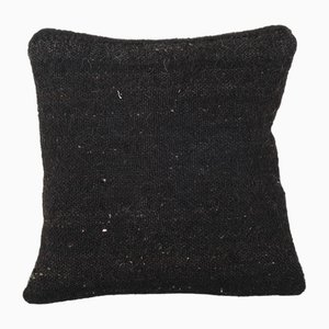 Turkish Siirt Blanket Square Cushion Cover, Small Wool Kilim Black Pillow Cover 12 X 12, 2010s