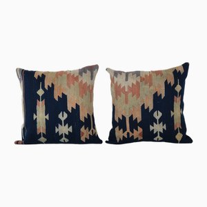 Turkish Kilim Blue Wool Cushion Covers, Set of 2