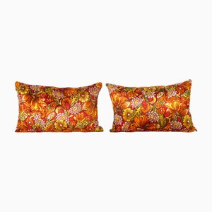 Grandes Housses de Coussin en Velours de Couleur Rouge et Jaune avec Motif Fleurs, Set de 2