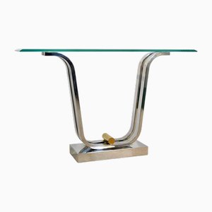 Minimalist Curvaceous Stainless-Steel, Brass and Glass Console Table