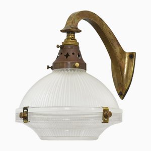 Antique Brass Wall Light with Holophane Glass Shade, 1920s