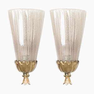 Lampada da parete Calice dorata in vetro e ottone di Barovier, 1960, set di 2
