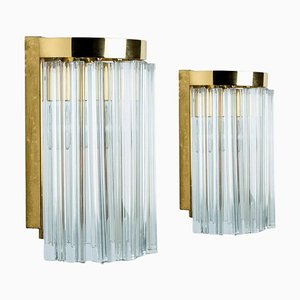 Vintage Clear Brass and Glass Wall Lights, 1970, Set of 2
