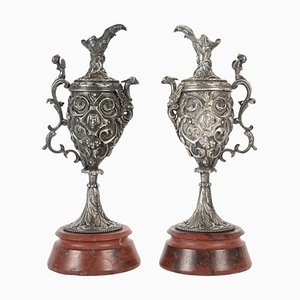 Napoleon III Period Silvered Bronze Ewers with Griotte Marble Bases, Set of 2