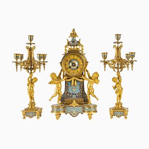 Candeliere napoleonico e candelabri in bronzo dorato e cloisonné, set di 3