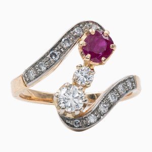 Art Nouveau Ring in 18k Yellow and White Gold with Ruby and Diamonds, 1960s