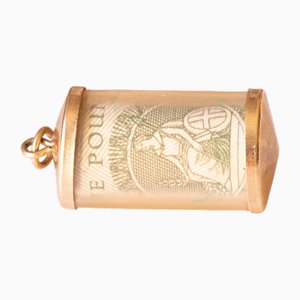 Vintage 9k Yellow Gold Plastic Cylinder Emergency Money Pendant with One Pound Note, 1978