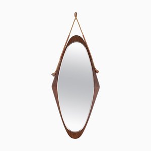Mid-Century Italian Oval Shield Mirror in Curved Teak, Rope and Leather, 1960s