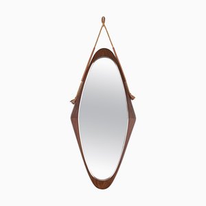 Miroir Bouclier Ovale Mid-Century en Teck Incurvé, Corde et Cuir, Italie, 1960s