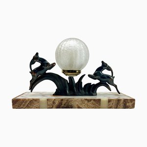 Art Deco French Table Lamp with stylized Spelter Representation of Deer, 1935