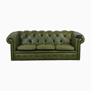 English Green Cow Leather 2.5-Seat Chesterfield Sofa