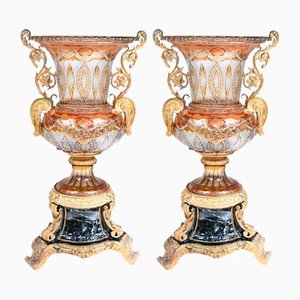 French Empire Style Crystal Glass Campana Urns with Pedestal Base, Set of 2