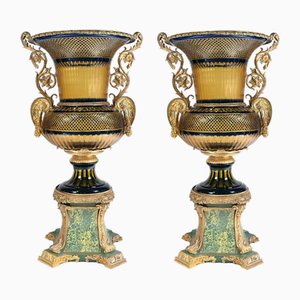 Large French Empire Style Crystal Glass Urns, Set of 2