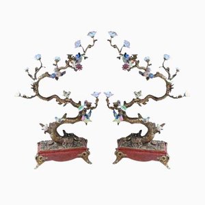 French Bronze Branches with Porcelain Birds and Flowers, Set of 2