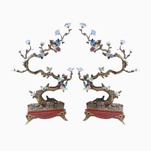 Ramas francesas de bronce con pájaros y flores de porcelana. Juego de 2