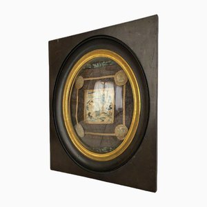 Silk Chinese Embroidery Square in Blackened Brass Pear Frame, 19th Century